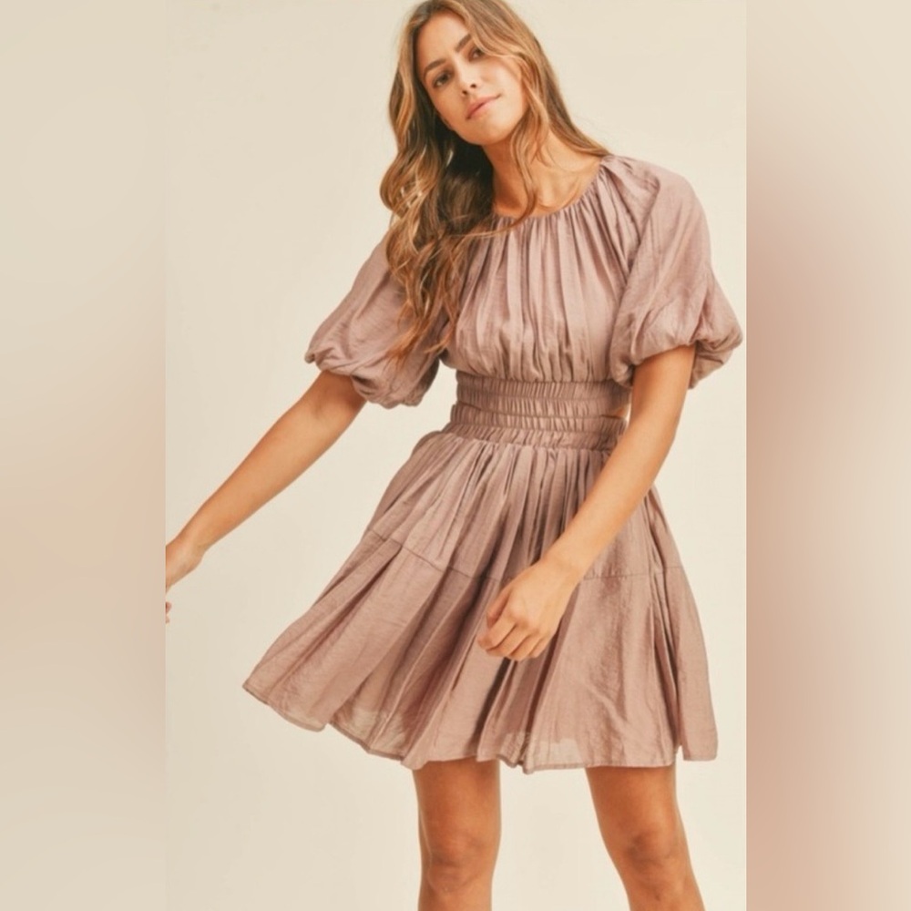 NWT Anthropologie Mable Elegant Mauve Puff Sleeve mini dress Sz M